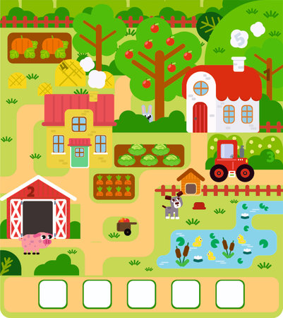 Farm in the village with pets: pig, dog, rabbit , duck and with vegetables and fruitsのイラスト素材