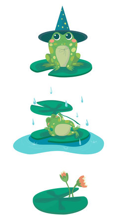 flat illustration with two frogs: one frog wore a wizard's hat and sat on a leaf, and the other resting frog lay down on a leaf and sheltered itself from the rain with a lily leafのイラスト素材