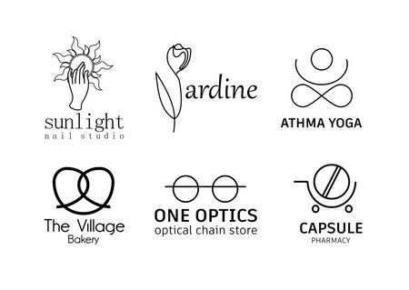 logos of different companies: flowers, optics, pharmacy, yoga, bakeryのイラスト素材