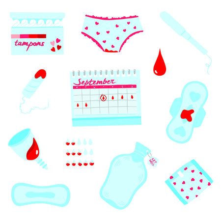 Period stickerpack, menstruation vector illustration set, women`s healthのイラスト素材