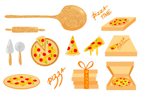 Pizza set of vector illustrations, pizza cooking, pizza making, Italian cuisineのイラスト素材