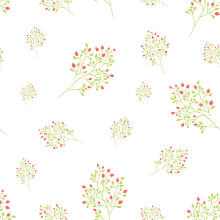 Red dog rose, brier, tiny genuine flowers vector seamless pattern for International Womens Day, March 8th, floral background, wallpaper, paper wrappingのイラスト素材