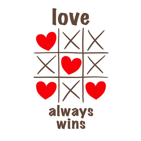 Love tic-tac-toe postcard for Valentines Day with love always win inscription. Vector illustration. Hearts, tic tac toe game. Greeting card, gift card, romantic greeting, Love gameのイラスト素材