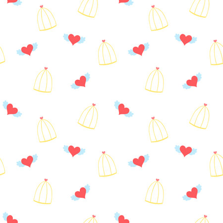 Flying hearts with wings and golden cages vector seamless pattern for St Valentines Day, February 14th. Love cute background, wallpaper, print, textile, fabric, wrapping paper, pacのイラスト素材