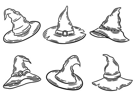 Witch hats on Halloween line drawing vector set of illustrations. Wizard Halloween hat clipartのイラスト素材