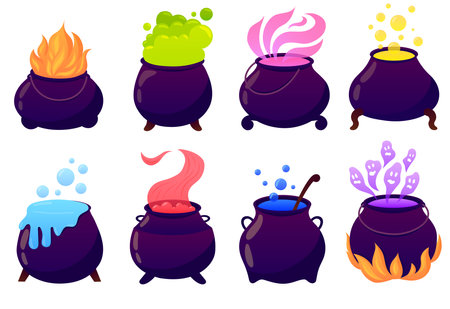 Cauldrons set of vector illustrations. Witch collection of Halloween kettle with potions. Witchcraftのイラスト素材