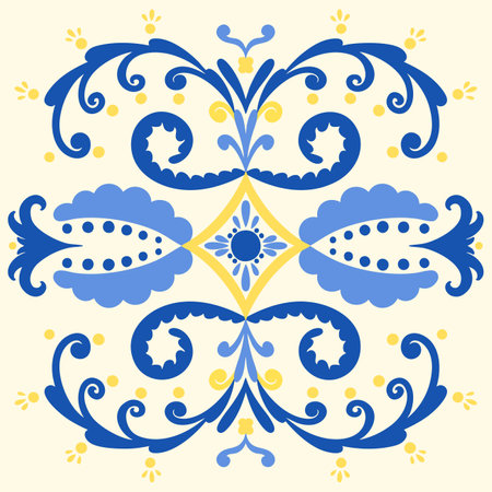 Mediterranean design tile in blue and yellow. Greek style ornament. Ceramic motif, patchwork, mosaicのイラスト素材