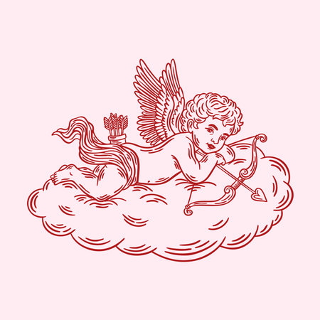 Cupid laying on cloud line drawing. Valentines Day whimsical coquette illustration, hand drawn