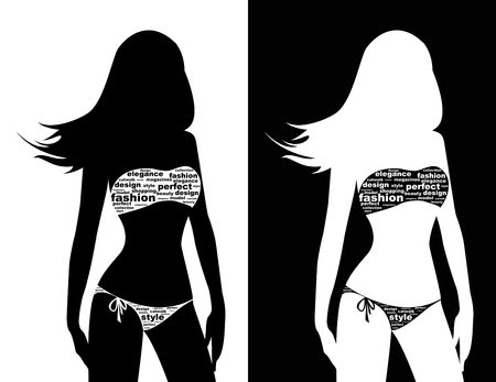 Silhouettes of woman in Bikini. Isolated on white an black background. Raster image.の写真素材