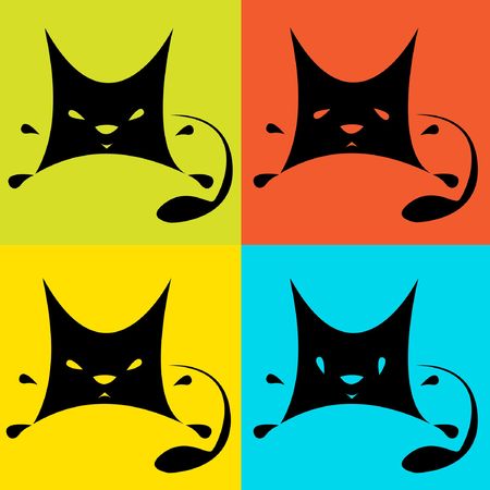 Abstract black cats on multicolored   background with various emotions on their faces. Raster image.の写真素材
