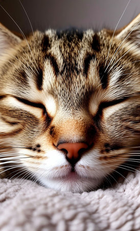 Cute tabby cat sleeping on a blanket. Close up.の素材