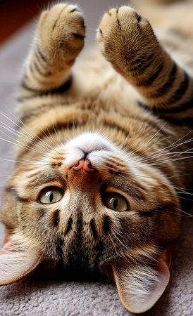 Portrait of a beautiful tabby cat lying on the floor.の素材
