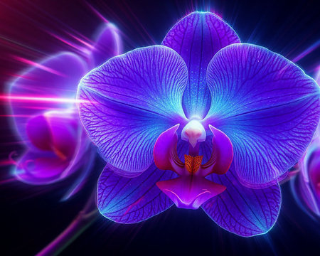 Blue orchid flower on black background. 3D illustration. Close-up.の素材