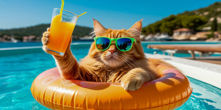 A ginger cat with sunglasses relaxes in an orange inflatable ring in a swimming pool.の写真素材