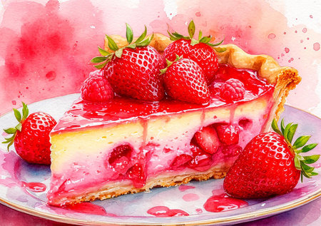 Delicious Fruit Dessert Illustration, Fresh Strawberries and Raspberries on a Sweet Pastryの写真素材