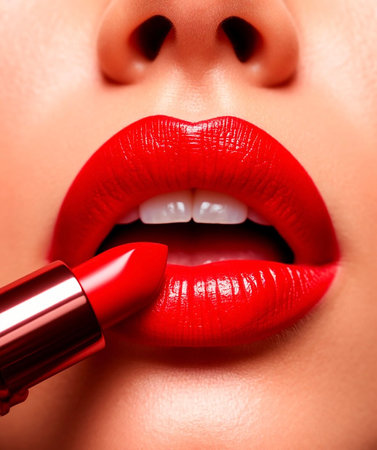 Bold Red Lipstick Close-Up: Vibrant Makeup Applicationの写真素材