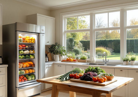 Modern Kitchen with Abundant Fresh Produceの写真素材