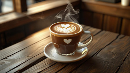 Warm Cup of Coffee with Heart-Shaped Latte Artの写真素材