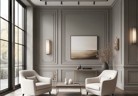 Elegant Living Room with Symmetrical Design and Warm Lightingの写真素材