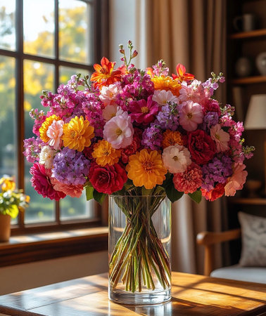 Sunny Living Room with a Colorful Floral Displayの写真素材