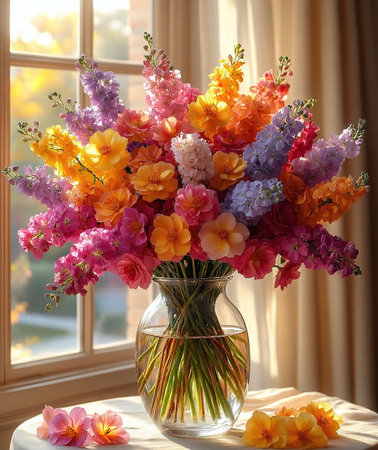 Radiant Flower Bouquet on a Sunlit Tabletopの写真素材