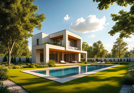 Modern Villa with Swimming Pool and Serene Gardenの写真素材