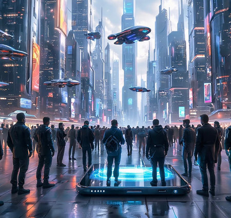 Futuristic Cityscape with Flying Vehicles and Interactive Hologramsの写真素材
