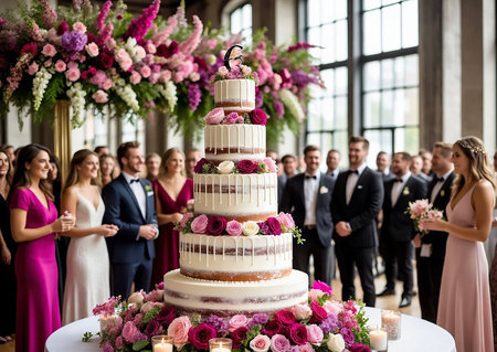 Grand Wedding Celebration Featuring an Elegant Multi-Tiered Cakeの素材