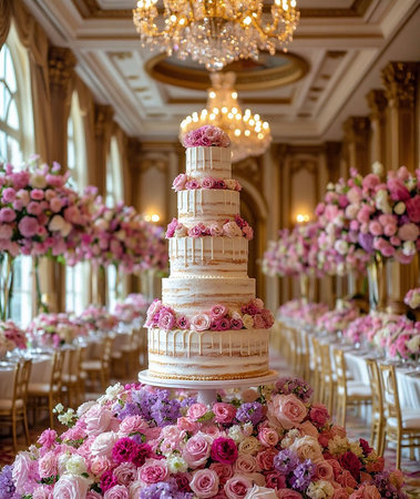 Elegant Wedding Cake with Vibrant Floral Surroundingsの素材