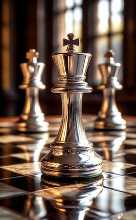 Shiny Silver King Chess Piece on a Reflective Boardの写真素材