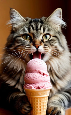 Fluffy Cat Enjoying a Scoop of Pink Ice Creamの写真素材