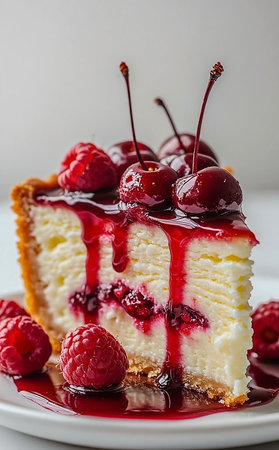 Close-Up of a Creamy Cheesecake Slice with Berriesの写真素材