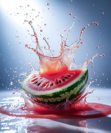 Dynamic Watermelon Splash Against a Blue Backgroundの写真素材