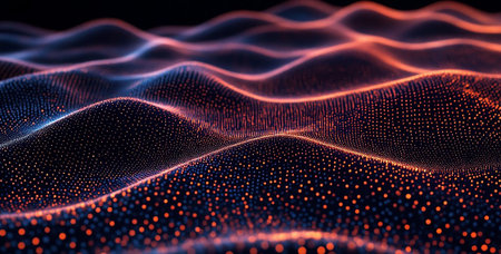 Futuristic Particle Stream with Blue and Orange Glow, Tech and Innovation Concept