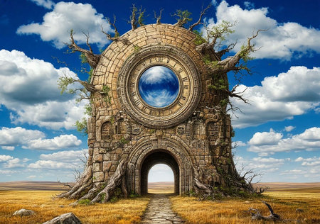 Fantasy Portal in a Mystical Landscape. Ancient Stone Arch with Sky Window and Tree Roots