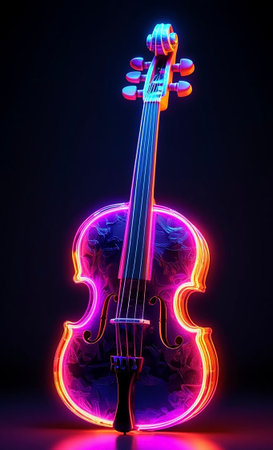 Neon Violin and Guitar, Futuristic Music Instruments in Glowing Colorsの写真素材