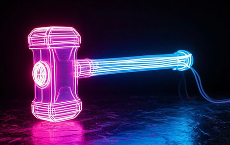 Futuristic Hammer with Pink and Blue Glow 3D Renderの写真素材