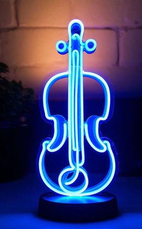 Blue Neon Violin Lamp Decorative Music Light Sculptureの写真素材