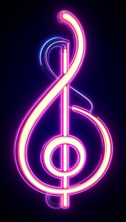 Neon Treble Clef Glowing on Dark Brick Wall Futuristic Music Symbolの写真素材