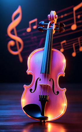 Neon Musical Key and Violin Futuristic Music Art in Glowing Colorsの写真素材