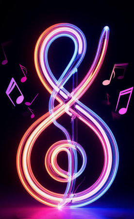 Neon Musical Key and Violin Futuristic Music Art in Glowing Colors