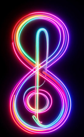 Neon Treble Clef Glowing on Dark Brick Wall Futuristic Music Symbolの写真素材