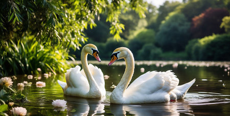 Fairy Tale Landscape Elegant Swans on a Magical Lakeの写真素材