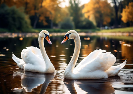 Two White Swans at Sunset Romantic Reflections on a Golden Lakeの写真素材