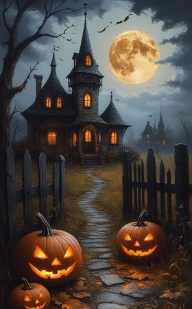 Creepy Haunted Mansion on Halloween Night Spooky Forest Path and Glowing Pumpkinsの写真素材