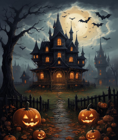 Creepy Haunted Mansion on Halloween Night Spooky Forest Path and Glowing Pumpkinsの写真素材