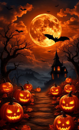 Halloween Night Scene with Glowing Jack-o-lanterns and Full Moon Spooky Autumn Atmosphereの写真素材