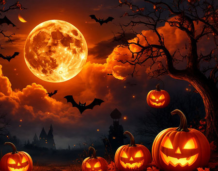 Halloween Night Scene with Glowing Jack-o-lanterns and Full Moon Spooky Autumn Atmosphereの写真素材