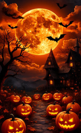 Halloween Night Scene with Glowing Jack-o-lanterns and Full Moon Spooky Autumn Atmosphereの写真素材