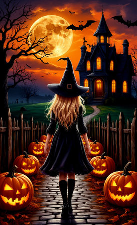 Fantasy Halloween Scene with a Witch, Glowing Jack-o-lanterns, and a Haunted Mansion Seasonal Decorの写真素材